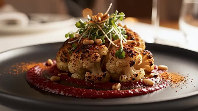Roasted cauliflower dish on plate with garnishes and sauce