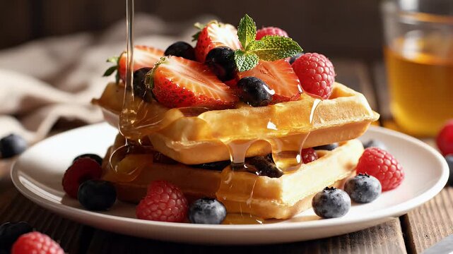 Stack of waffles topped with berries and syrup food photography