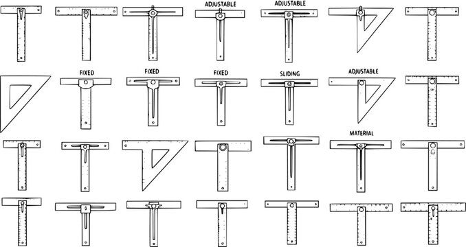Collection of various drafting T-squares and set squares, illustrating fixed, adjustable, and sliding types, essential for technical drawing and architectural plans.