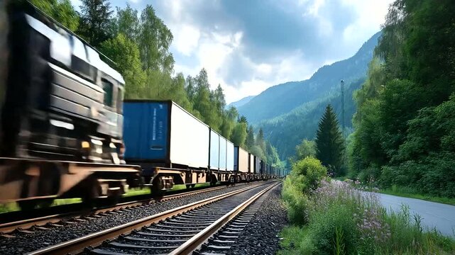 Blurred freight train carrying container through landscape, lush green natural environment, rail cargo movement, transportation in motion, logistics infrastructure scene,