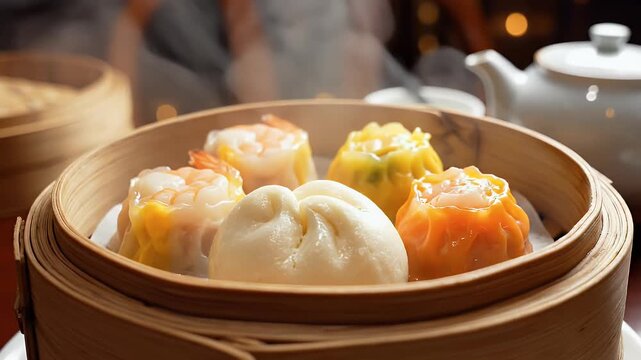Steaming dim sum assortment in bamboo steamer close up