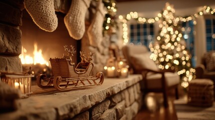 Miniature santa sleigh display on mantel for holiday decor
