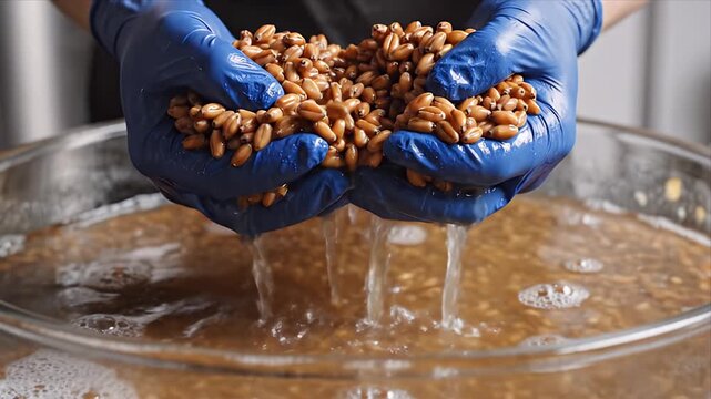 Close Up of Hands in Blue Gloves Soaking Wheat Seeds in Water for Fermentation Process in Clear Bowl in Bright Kitchen