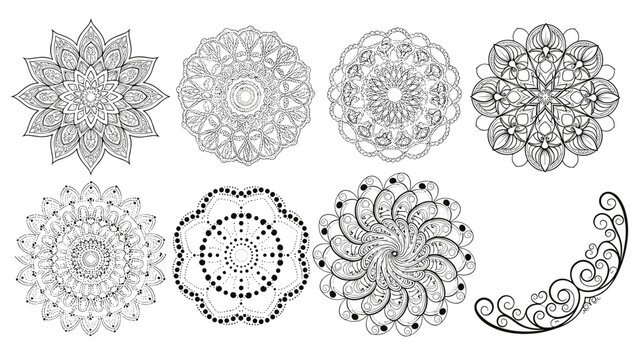 Set of intricate black and white mandala designs