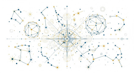 A vector graphic illustration of a stylized astronomical map with constellations and stars in a minimalist design