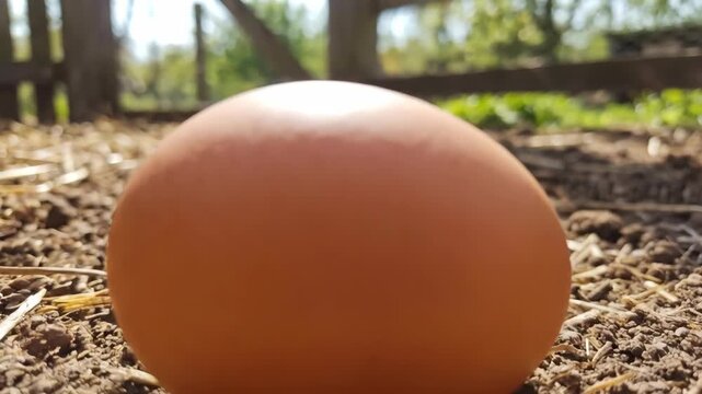 Close up of single brown hen egg resting on soil at free range farm, creating a fresh and natural agricultural scene