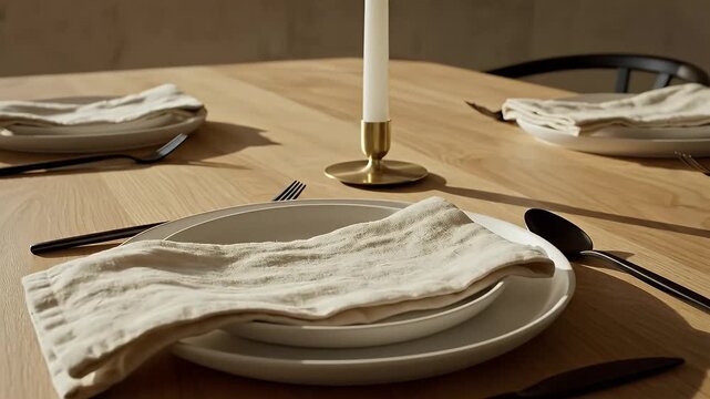 Wooden table setting with candle and plates neutral tones