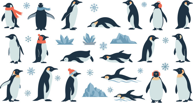Collection of penguins in various poses with snowflakes and ice