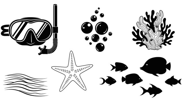 Black and white illustration of scuba diving gear and various ocean creatures