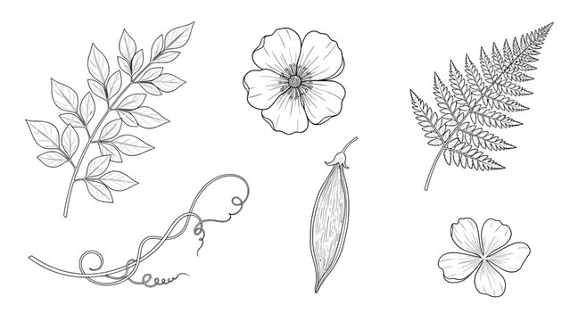 Collection of various botanical line drawings of leaves and flowers