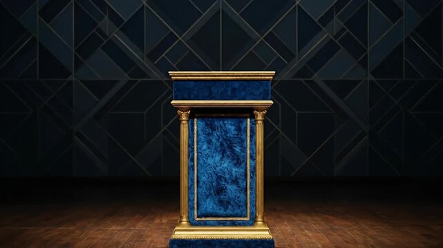 Blue velvet podium on theater stage for award ceremony with gold columns and spotlight
