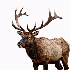 holographic, elk with large antlers and muscular frame, brown fur, portrayed as a wild deer in an isolated pose on a white background