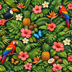 Tropical Jungle Illustration with Parrots and Flowers