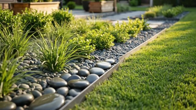 Metal Landscape Edging Separating Dark River Stones and Green Lawn in Garden