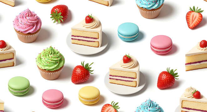 Colorful pattern background of various kinds of cakes such as birthday cakes, cupcakes, macarons and strawberries. With a bright blue background.