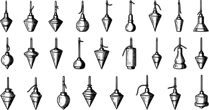 Set of hand-drawn vintage plumb bobs, various antique designs for construction, carpentry, and building leveling tools, vector illustration on white.