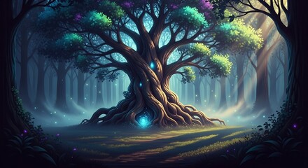 Enchanted Ancient Tree of Life in Mystical Forest.
