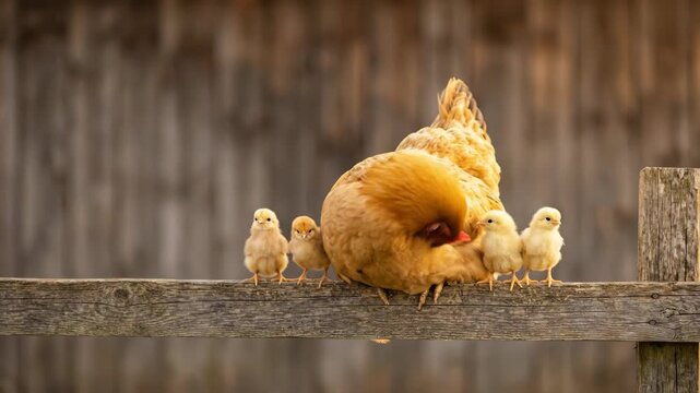 Mother Hen and Four Chicks Perched on Weathered Wooden Fence Rail