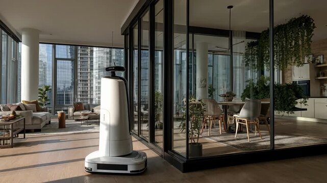 Detailed view of a sleek robotic system operating on floortoceiling windows in an upscale apartment illustrating convenience and stateoftheart design