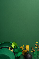 Festive vertical St. Patrick's Day greeting composition featuring a green leprechaun hat, paper...