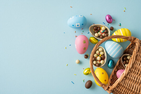 Happy Easter greeting featuring pastel painted eggs, foil wrapped chocolate and candy-coated treats spilling from a wicker basket on a soft blue background conveying spring joy