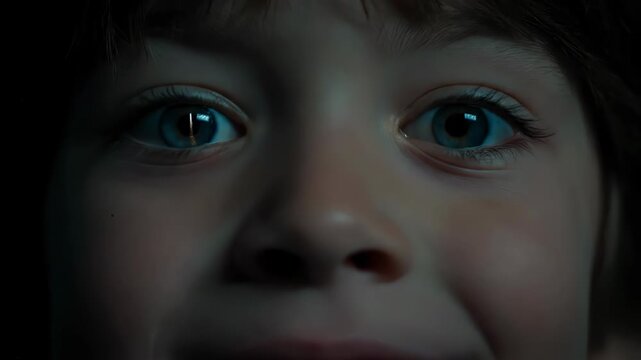 Close-up of a childs eyes glowing with an intense, fiery orange light in a dark setting.