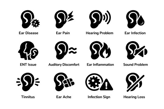 Ear health icons: disease, pain, infection, hearing loss, tinnitus