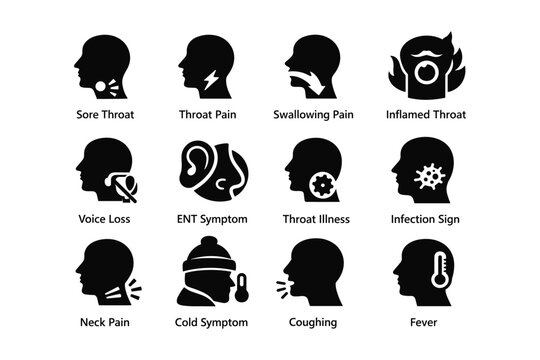 Throat symptom icons: sore voice loss pain infection cold fever swallowing
