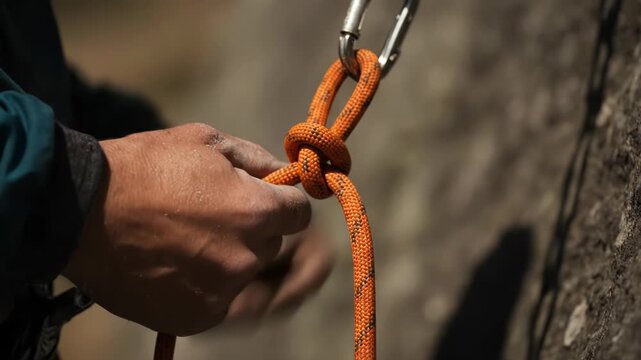 Close-up of a climbers hands tying a knot in an orange rope with a carabiner, preparing for a climb.