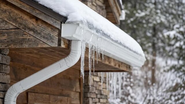 Frozen Roof Gutter with Dripping Icicles on Rustic Stone House 4K