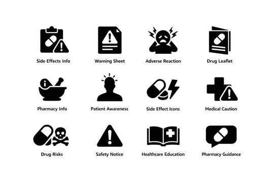 Medical warning symbols collection illustrating side effects and pharmacy information