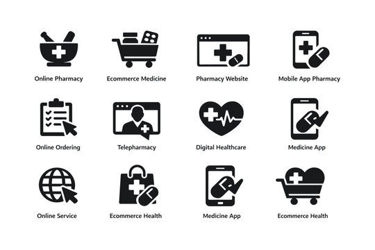 Medical ecommerce icons for online pharmacy and digital healthcare solutions