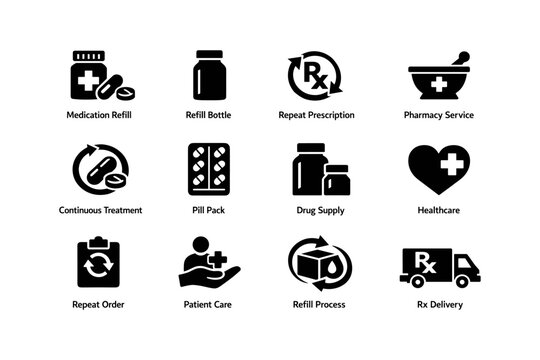 Medication refill and pharmacy services icons set