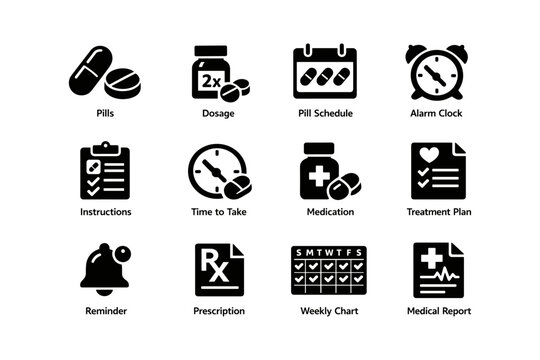 Medication management icons: pills, dosage, schedule, clock, health plan, prescription