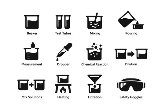 Science lab icons: beaker, test tubes, mixing, safety goggles, filtration