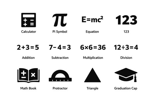 Mathematics icons: calculator, pi, equations, and geometric shapes