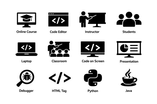 Icons representing online learning and programming tools