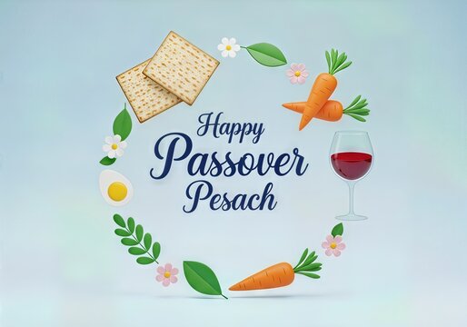 Happy Passover Pesach Greeting Card with Matzah, Carrots, and Wine