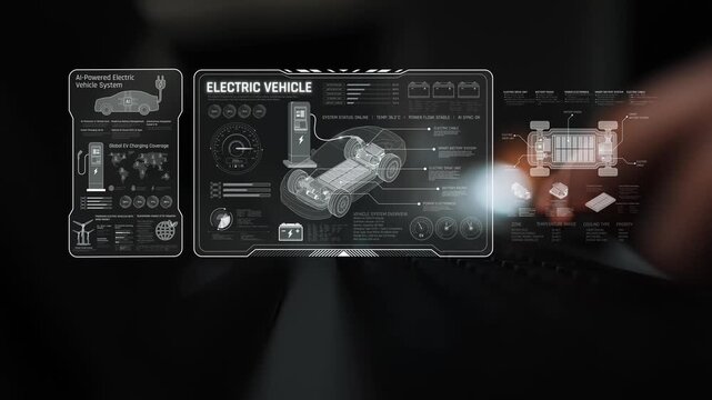 Technical layout of electric vehicle showing battery system, power control, traction motor, charging interface, and integration with renewable and smart energy sources Marrow