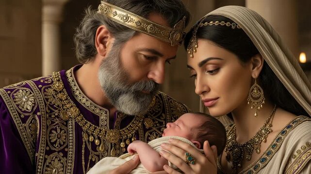 King David holding newborn son Solomon next to his wife Bathsheba, biblical scene.