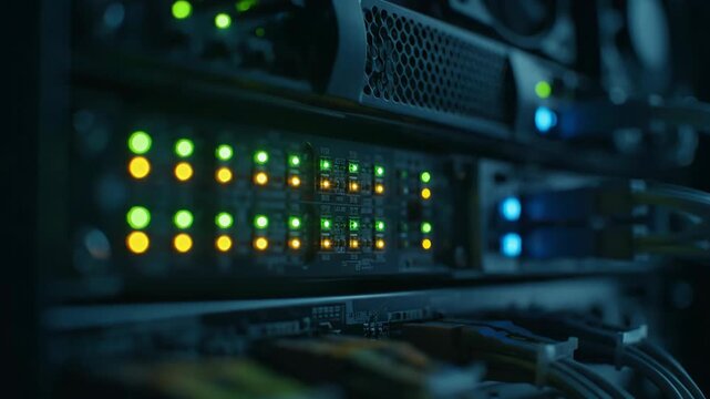 Close-up of server rack with blinking lights in a data center.