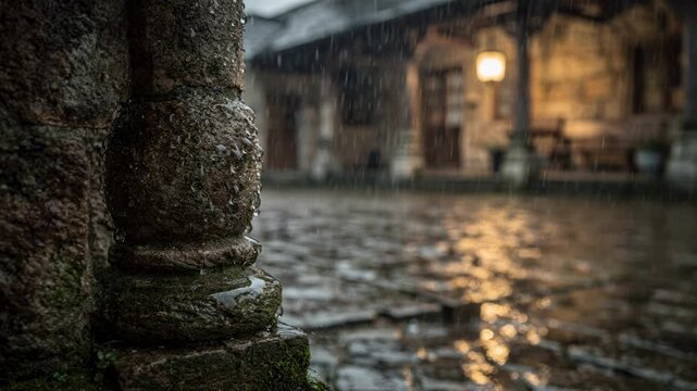 Rainsoaked heritage inn courtyard with a closeup of water droplets on rustic columns while softfocus lanterns cast a warm glow.