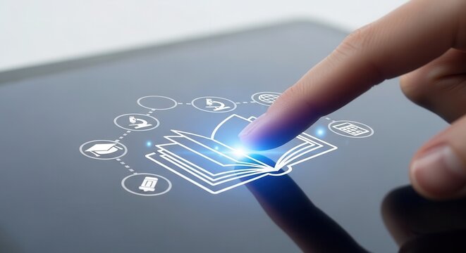 Finger touching a digital book icon to access an e library and educational learning resources.