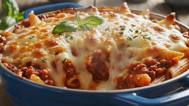 Baked pasta dish with cheese melted in oven prepared meal concept