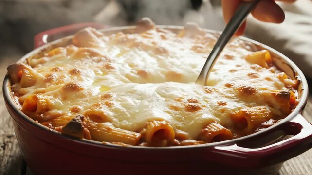 Baked pasta dish with melted cheese and close up view