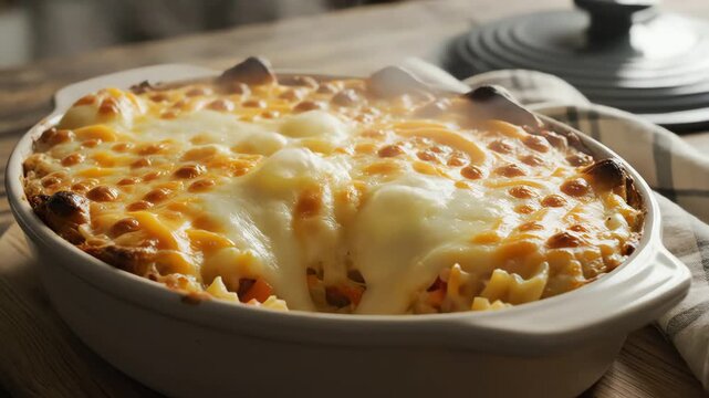 Baked pasta dish with melted cheese in ceramic bowl food photography