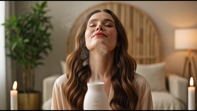 Serene woman with closed eyes and wavy brown hair inhales steam from a small white ceramic diffuser, embodying peace and relaxation.