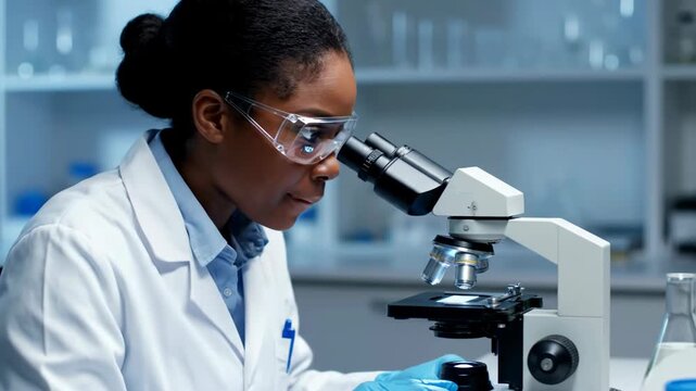 Female Scientist Working with Microscope in Modern Laboratory.