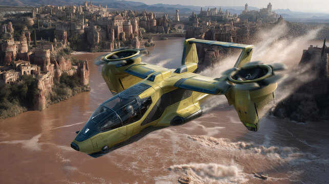 Futuristic VTOL aircraft flying above a river canyon beside a vast ancient city, blending advanced technology and fantasy architecture.