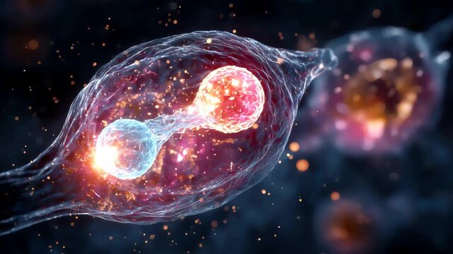 Extreme macro visualization of a biological cell division with a glowing nucleus splitting in two showing translucent membrane texture in a wet organic environment